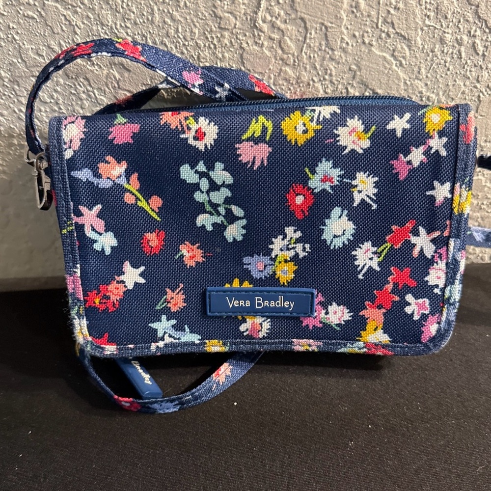 Vera Bradley Navy Scattered Wallflowers Crossbody Purse Double Zip Cell Pocket
